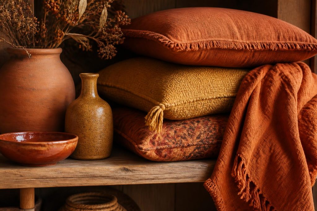 Terracotta, ochre and burnt sienna pillows and pottery styled on a shelf for an earth-tone Afrobohemian palette