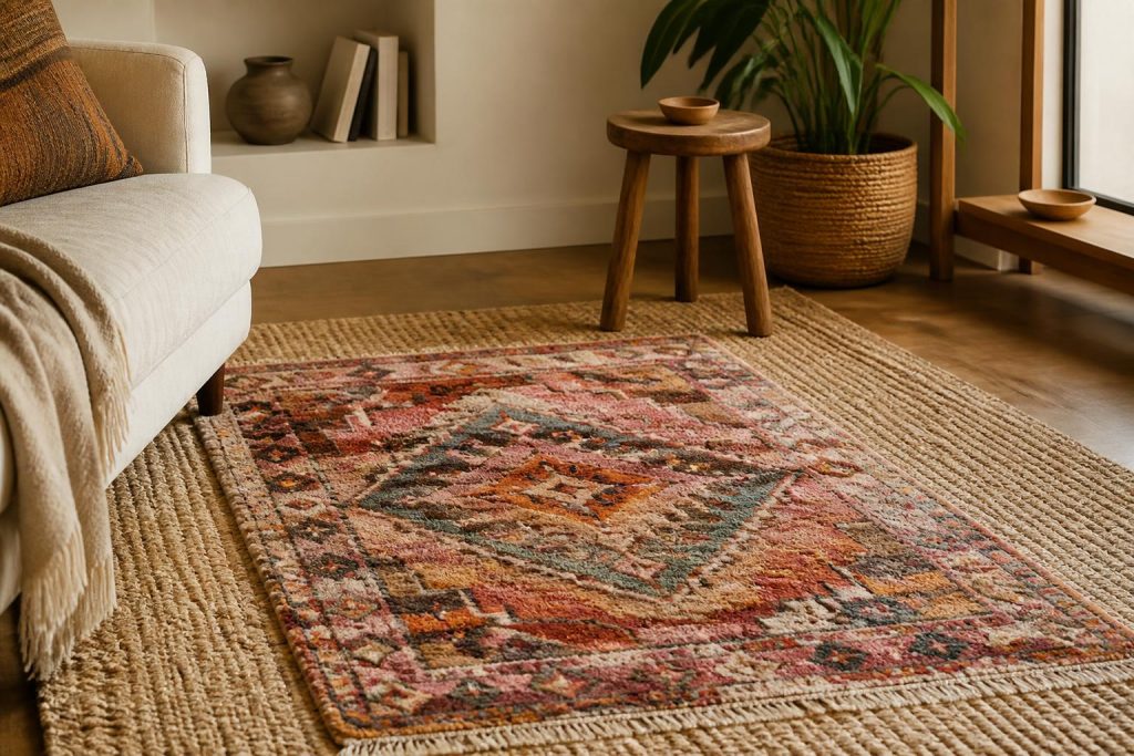Neutral jute rug layered with a Moroccan-style patterned rug for Afrobohemian texture