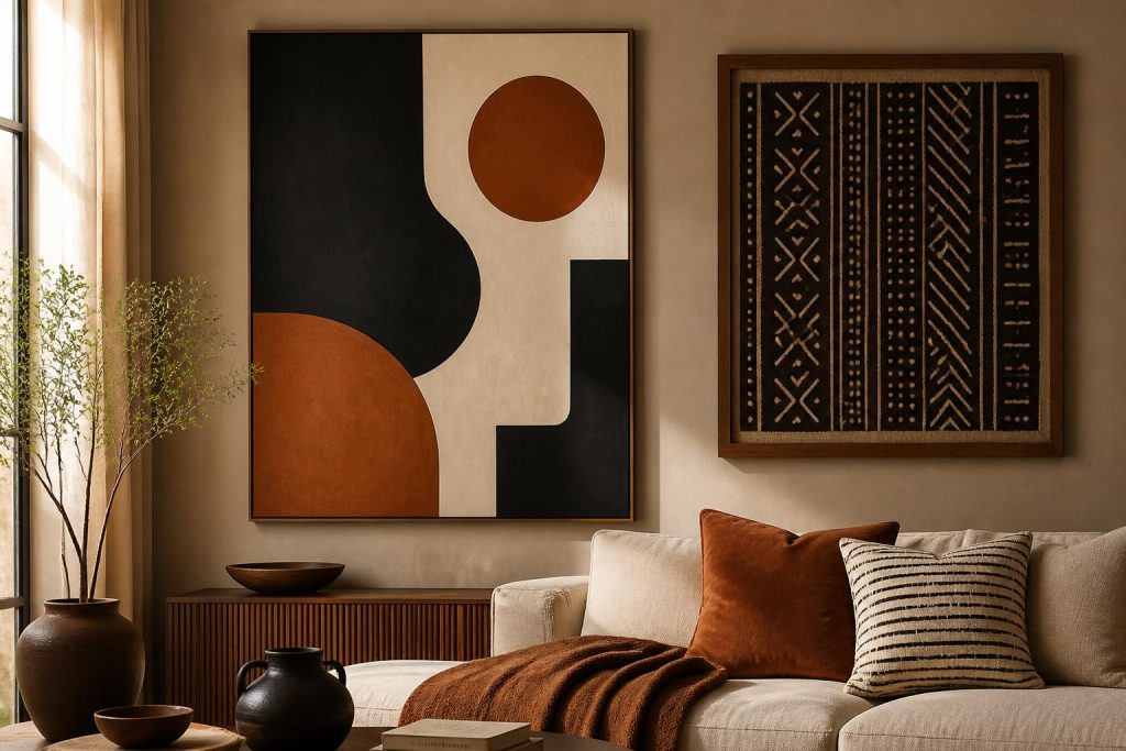 Abstract wall art paired with a framed mud cloth textile panel
