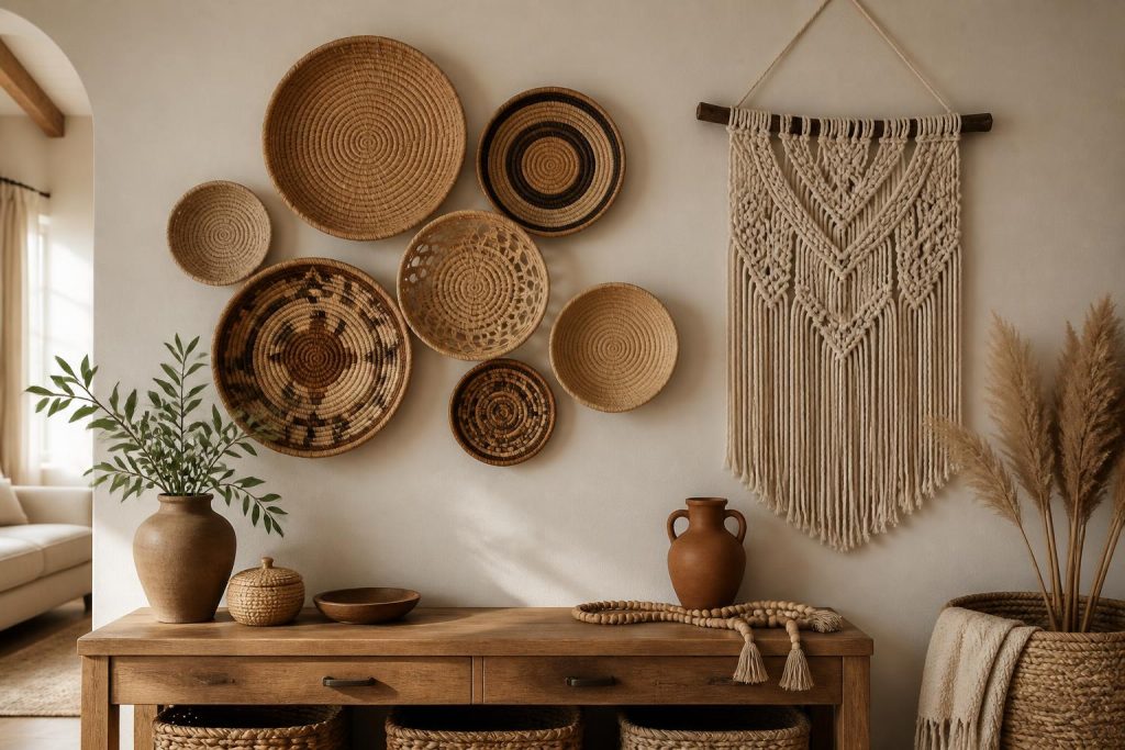 Woven basket wall display paired with a macrame wall hanging