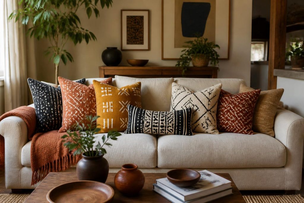 Sofa styled with mismatched mud-cloth-inspired patterned throw pillows