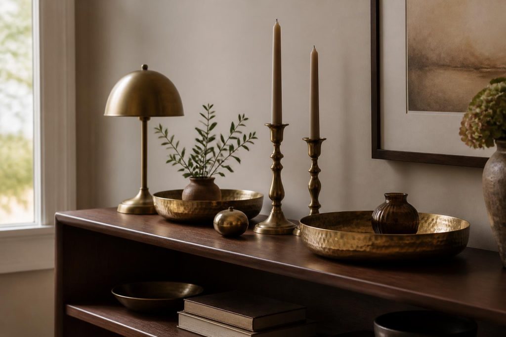 Hammered brass trays, candlesticks and a lamp styled on a console table