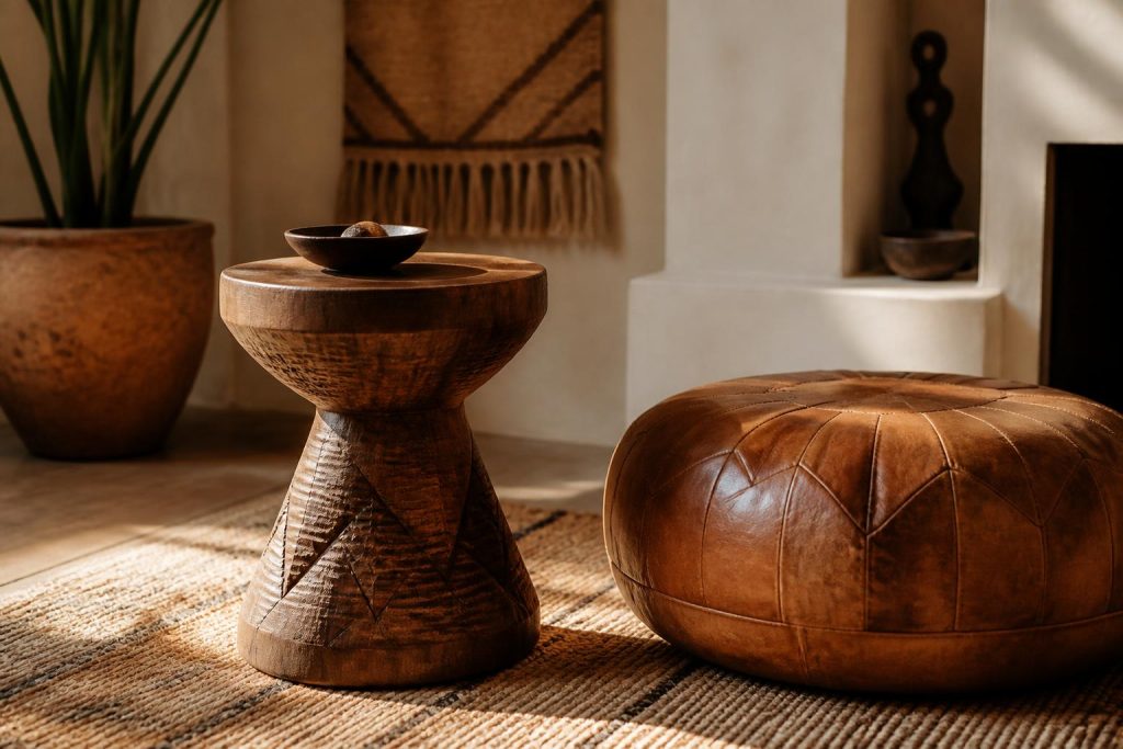 Carved wooden stool and a leather pouf as sculptural vintage-inspired furniture
