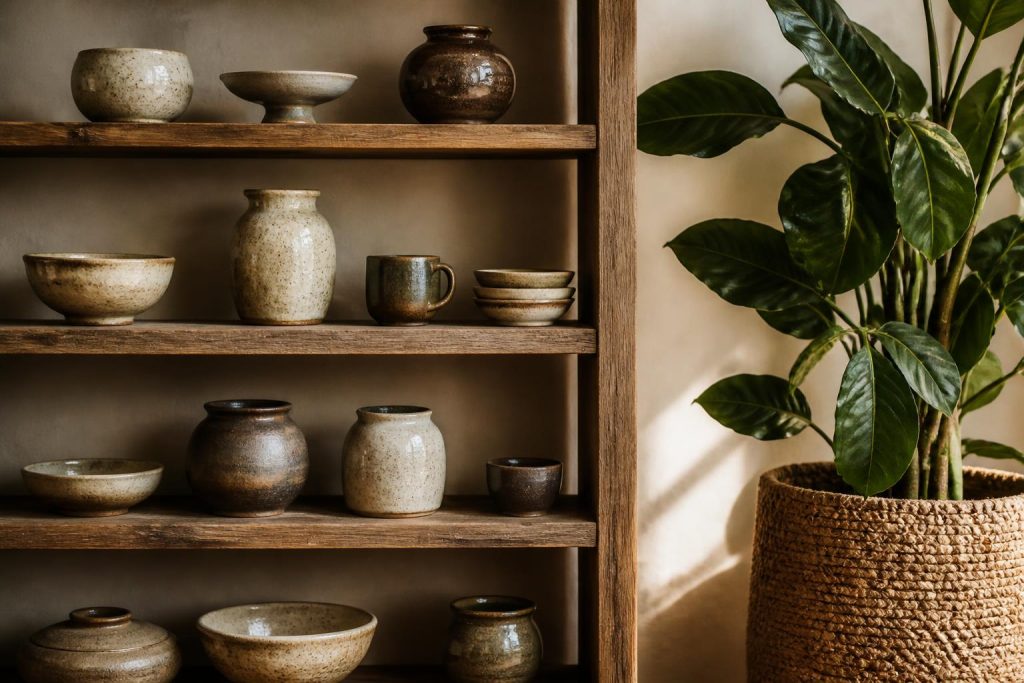 Artisanal ceramic pottery on a shelf next to an oversized leafy plant
