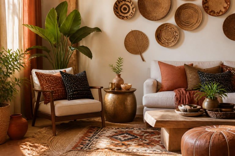 Afrobohemian living room with woven basket wall art, brass accents, and layered textiles