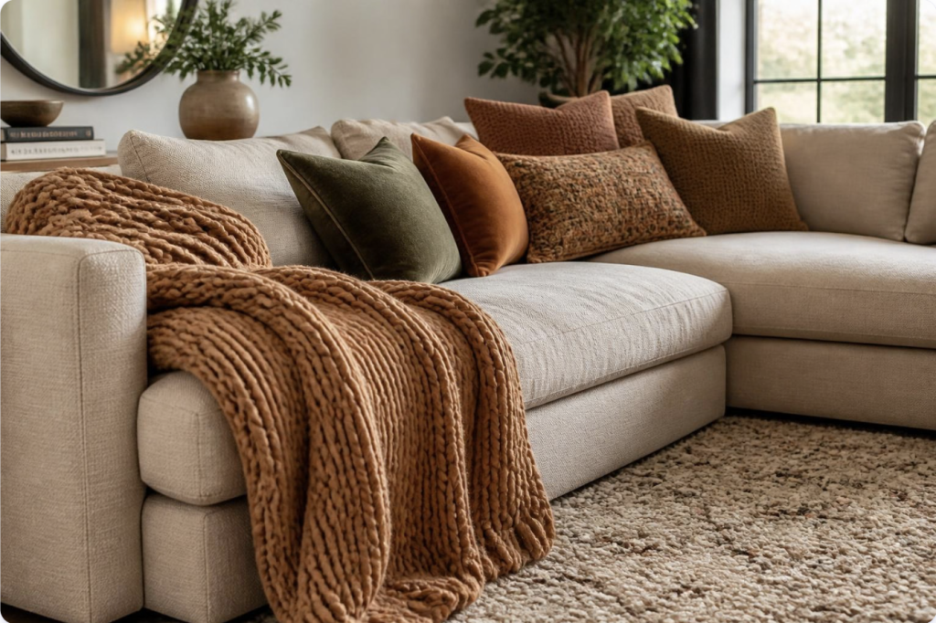 Cozy sofa layered with a chunky knit throw blanket, a plush area rug and mismatched textured throw pillows in warm complementary tones
