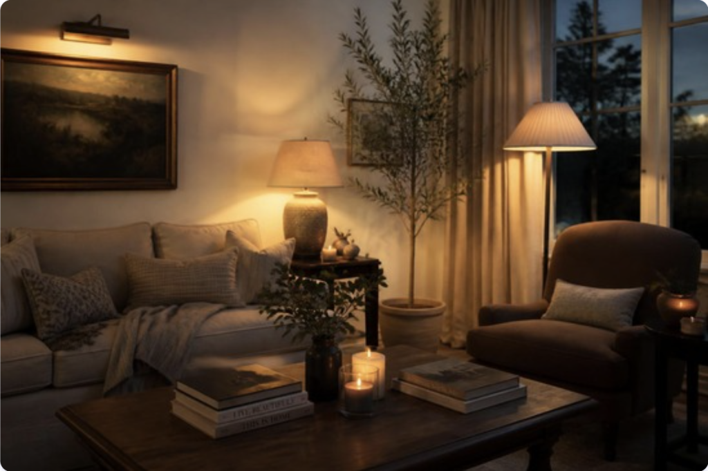 Cozy living room at dusk lit by a warm table lamp, floor lamp and lit candles creating soft intimate pools of light