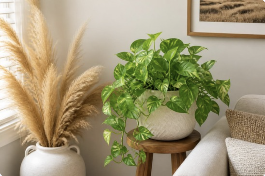 Potted pothos plant and a vase of dried pampas grass bringing natural warmth into a bright living room corner