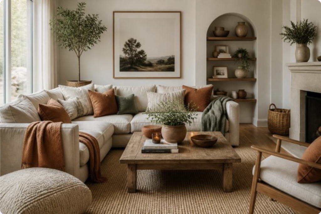 Living room styled in a warm neutral palette of cream, oatmeal, terracotta and soft sage tones