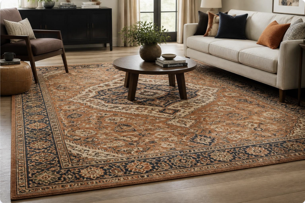 Large statement area rug with warm tones anchoring a living room seating arrangement