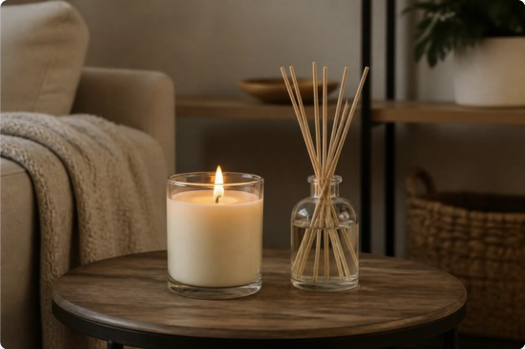 Lit candle and reed diffuser on a side table in a cozy living room