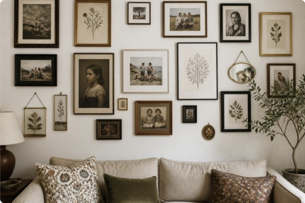 Curated gallery wall with an eclectic mix of framed prints, family photos and pressed botanicals above a cozy sofa