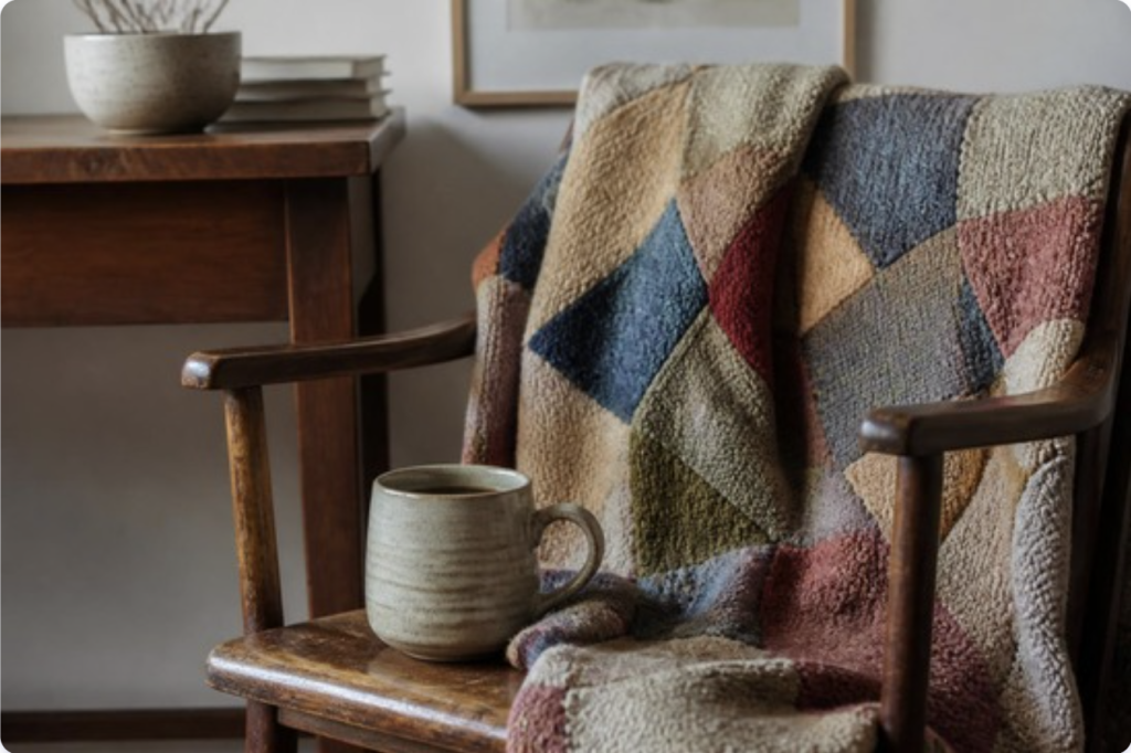 Handmade ceramic mug and a well-worn patchwork quilt draped over a wooden chair, adding imperfect character to a cozy room