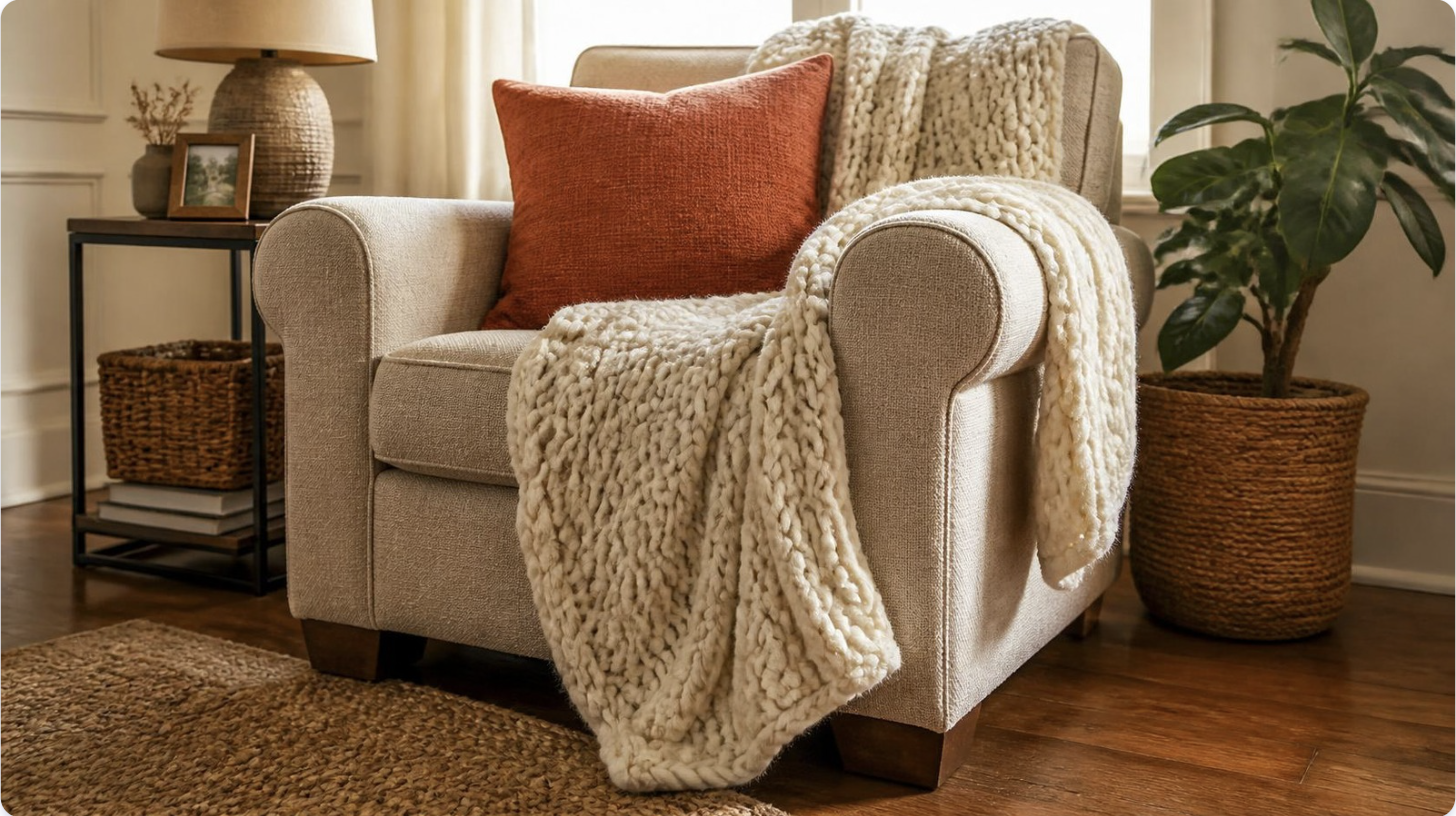 Cozy living room armchair with a warm knit throw and orange accent pillow, softly lit by afternoon light