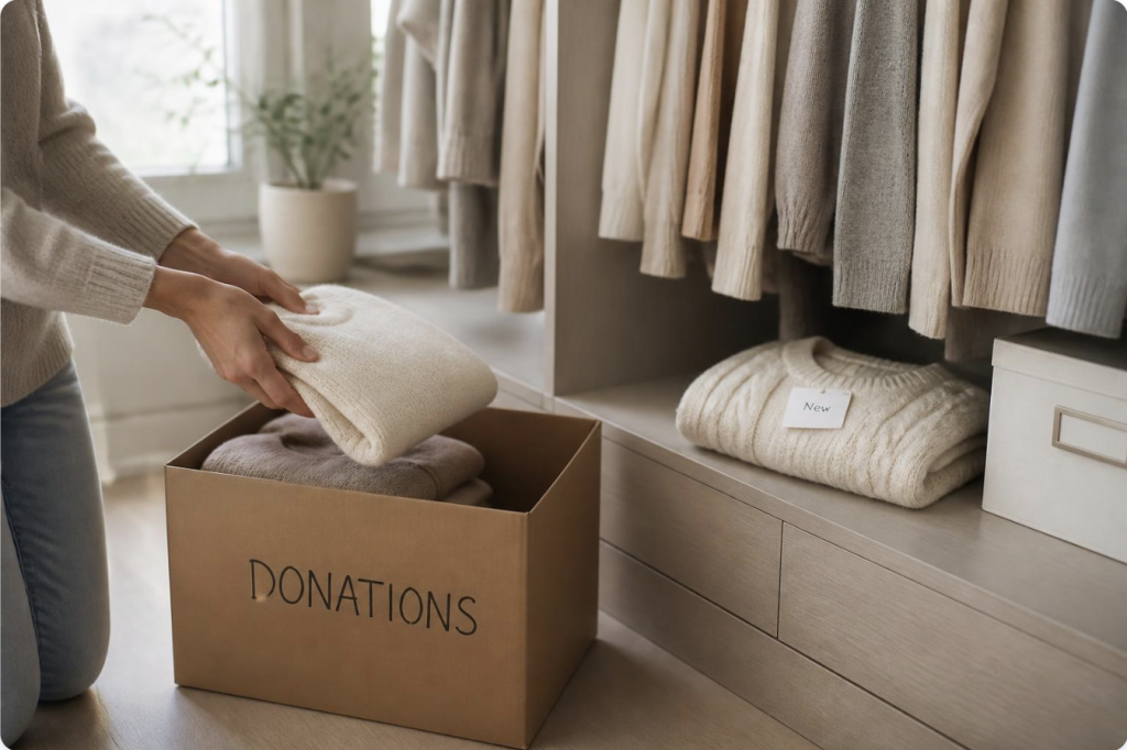 Folding a sweater into a donations box next to a neatly organized closet, illustrating the one in one out decluttering rule