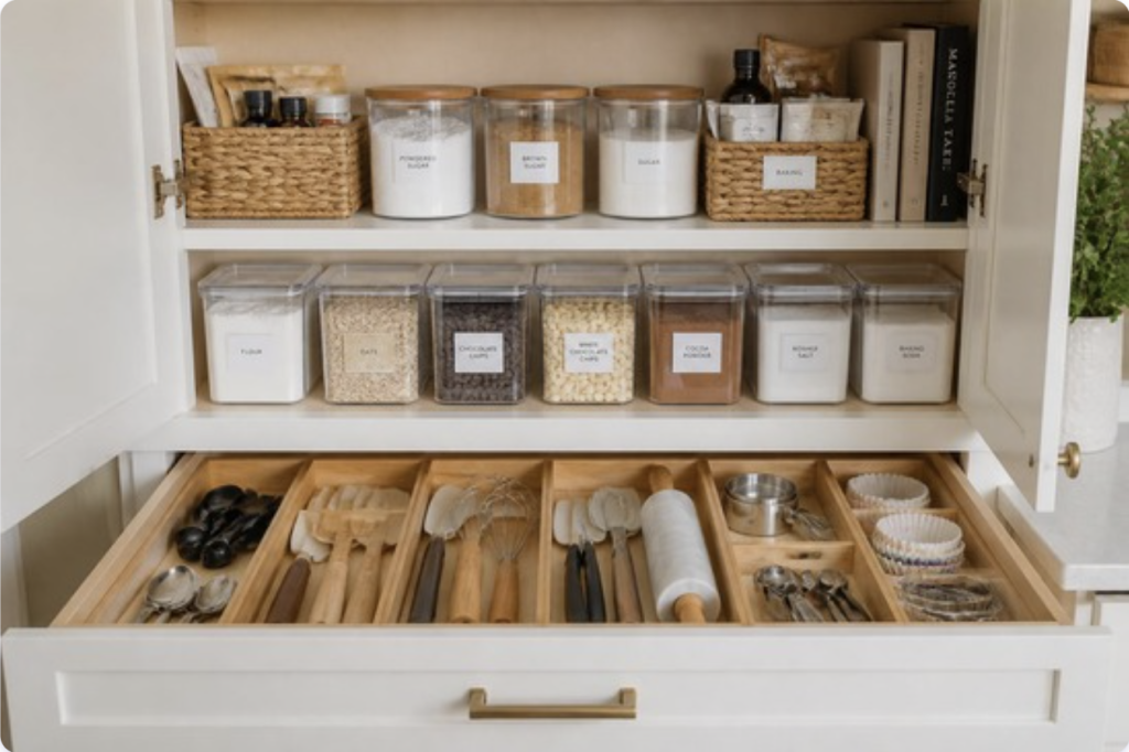 Organized kitchen cabinet with labeled clear containers and a drawer divider neatly holding utensils and baking tools