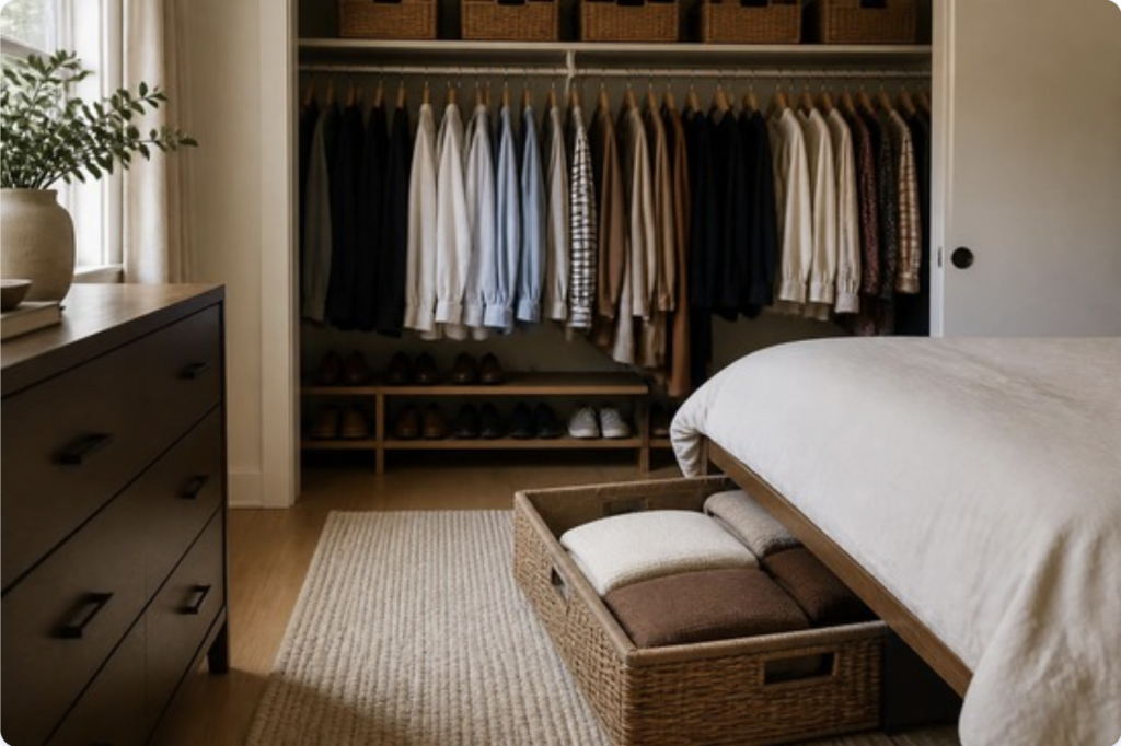 Tidy bedroom closet with evenly hung clothes and a woven under-bed storage bin holding folded sweaters