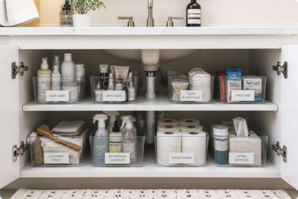 Organized under-sink bathroom cabinet with clear labeled bins holding toiletries and cleaning supplies