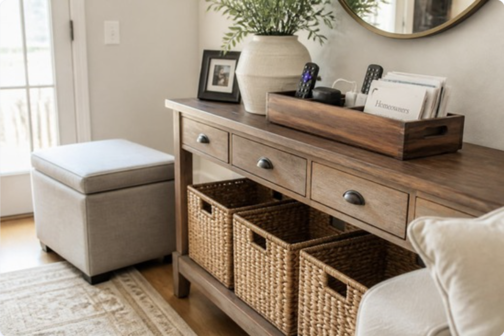 Living room console table with woven baskets and a tray neatly organizing remotes, chargers and mail