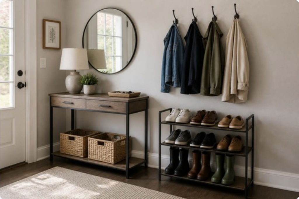 Tidy entryway with a key tray, individual coat hooks and a neat shoe rack