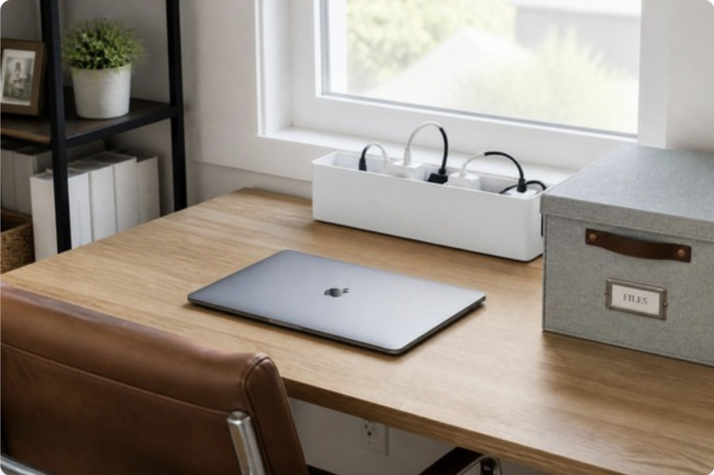 Clean home office desk with just a laptop and filing box, cable organizer keeping cords tidy by the window
