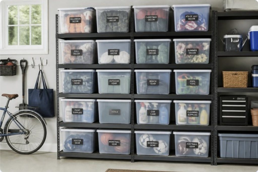Garage storage shelving with matching clear labeled bins organized by category such as seasonal decor and sports gear