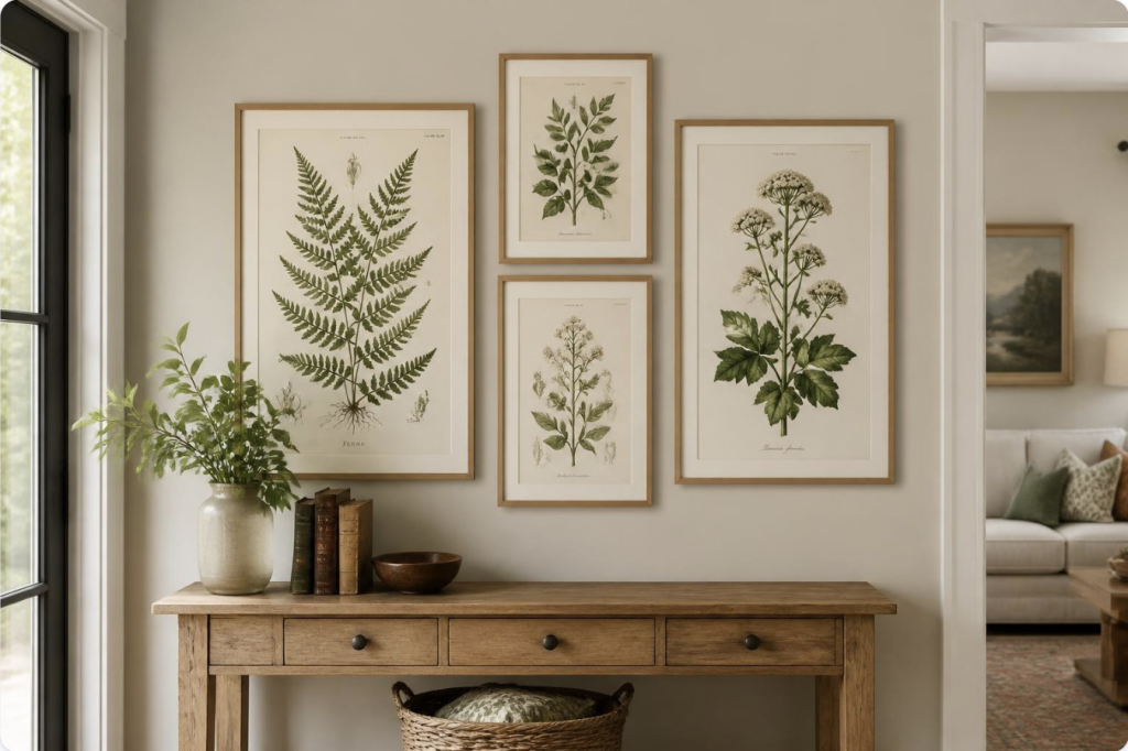Framed vintage botanical prints in a grid above a console table