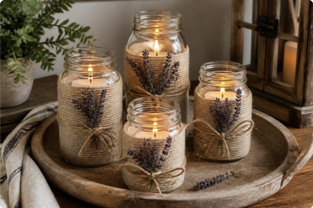 Four lit candles in jute-twine-wrapped glass jars with dried lavender, arranged on a wooden tray