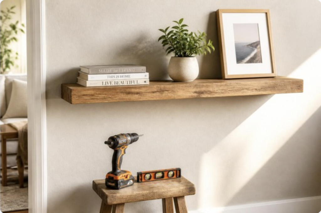 Styled floating shelf with books, a plant, and a framed photo, with a cordless drill and level on a stool below