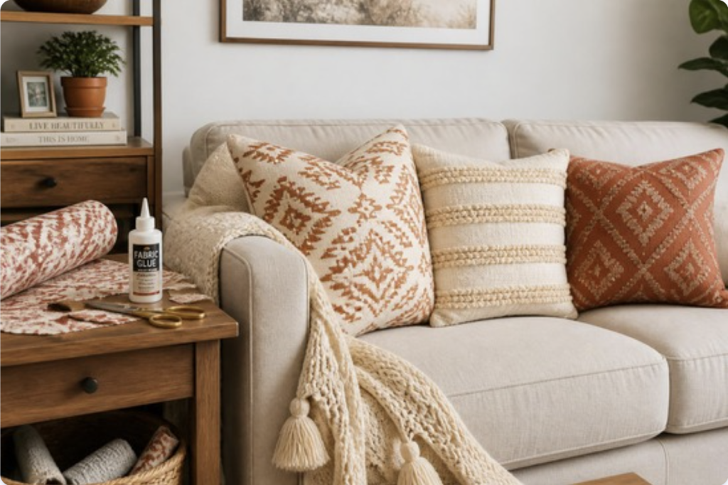 Sofa styled with no-sew throw pillow covers, with fabric glue and scissors on a side table