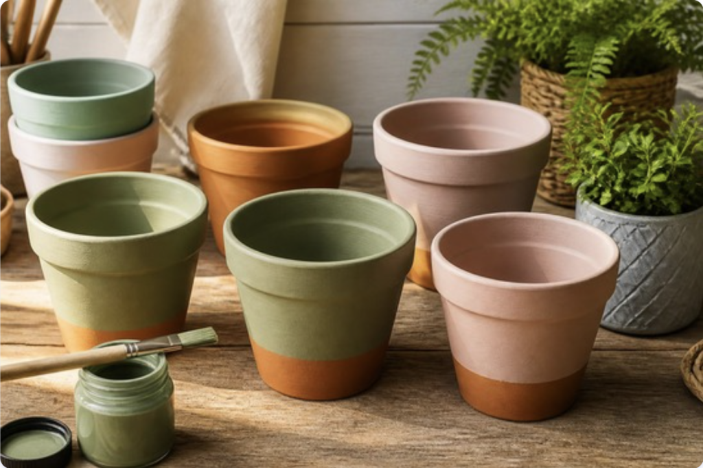 Terracotta pots painted in sage, pink, and dip-dye patterns with a paintbrush nearby