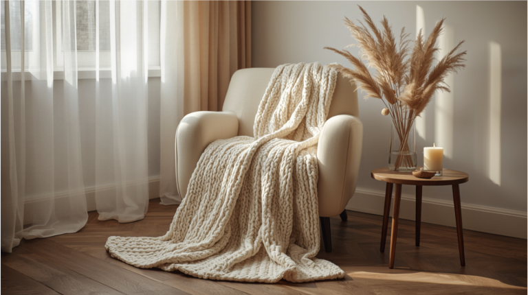 Fall decorating ideas: cozy living room corner with a knit throw blanket, pampas grass and a candle