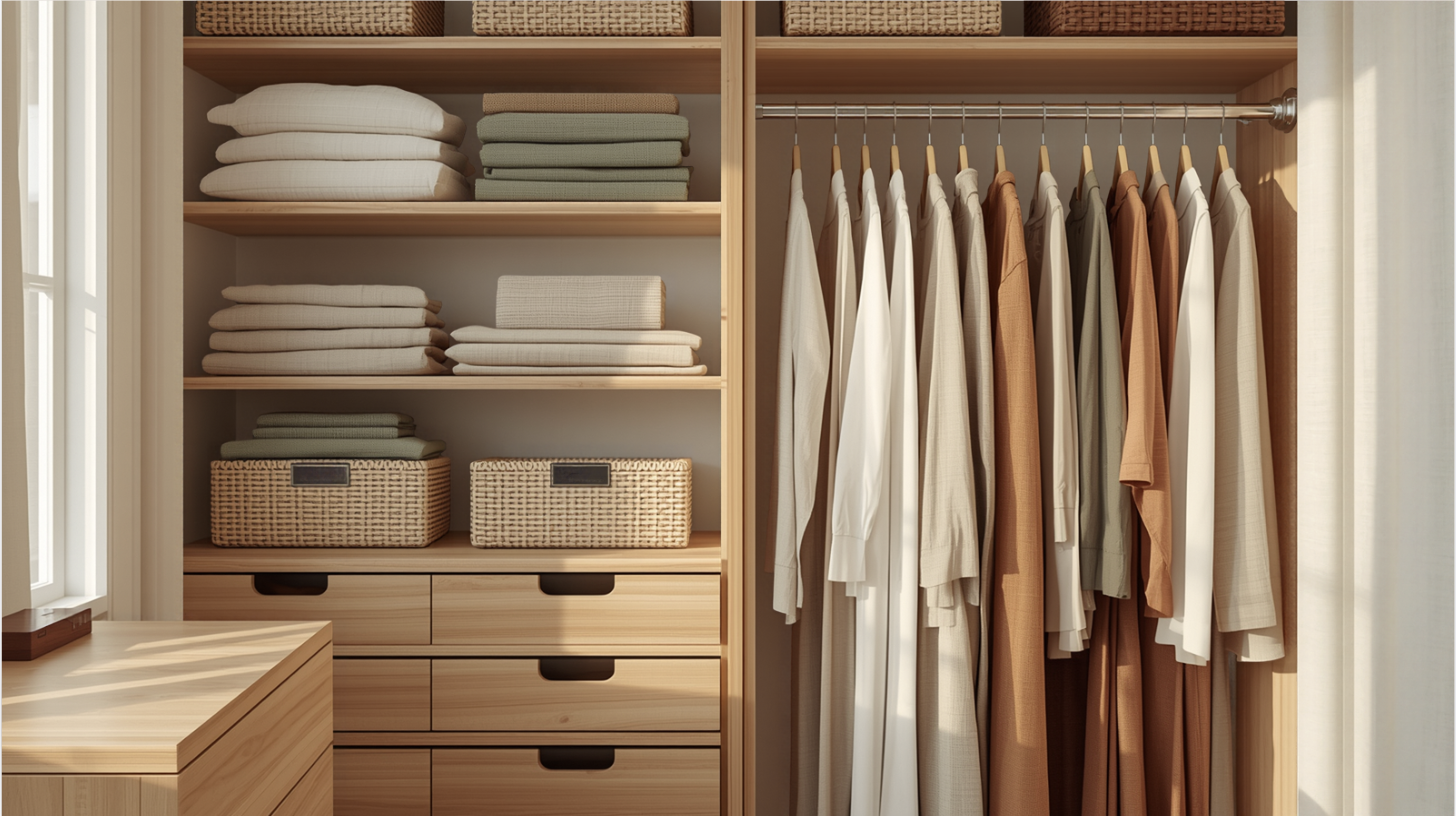 Home organization guide: neatly organized closet shelves with folded linens and woven storage baskets
