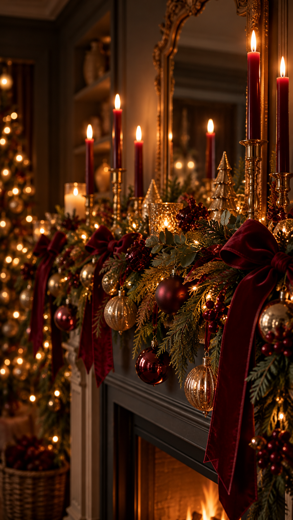 Close-up of a moody burgundy and gold Christmas mantel garland with velvet bows, gold ornaments and dark red taper candles glowing in tall candlesticks