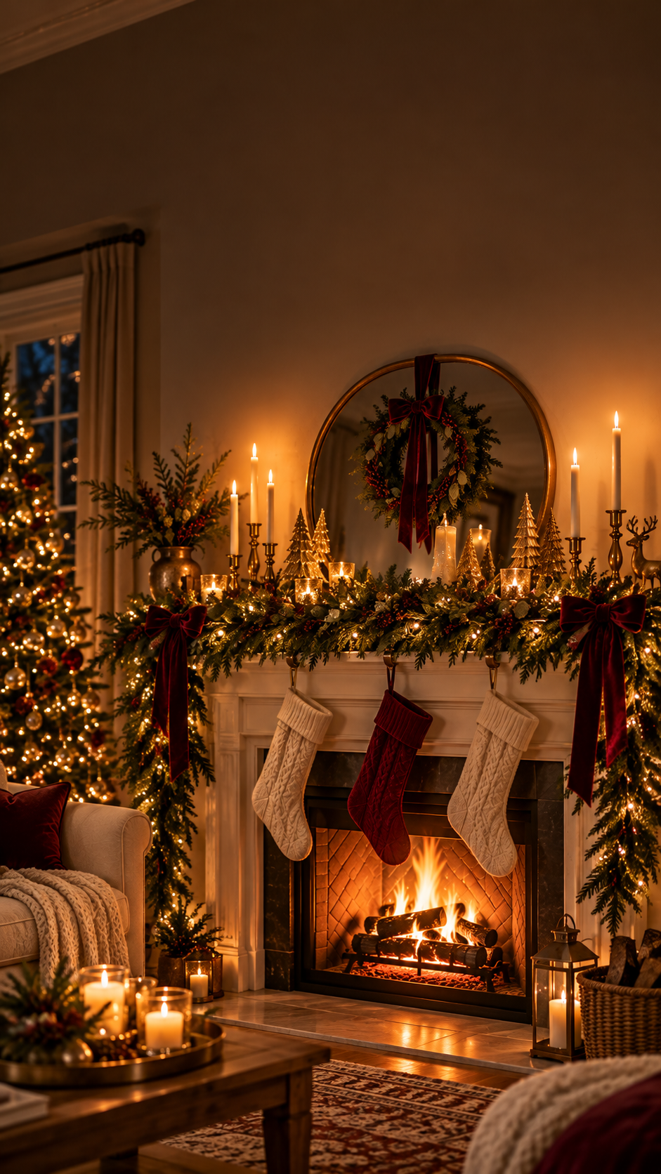 Classic cozy Christmas fireplace with a lush lit garland, ivory candles, a wreath on an arched mirror and cream and burgundy knit stockings