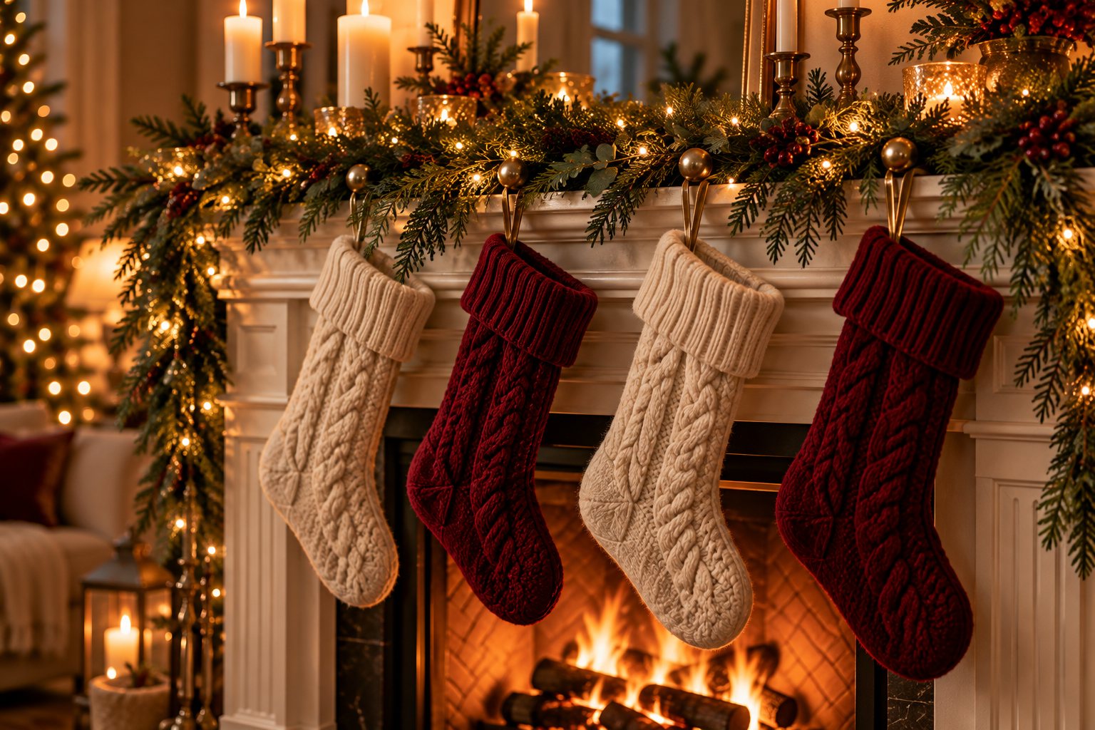 Matching cream and burgundy knit Christmas stockings on brass weighted stocking holders under a lit garland