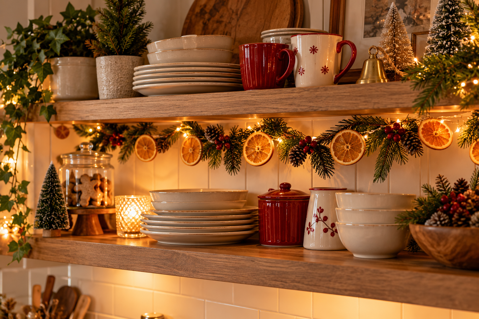 Warm oak kitchen shelves styled for Christmas with cream plates, red and white mugs, bottle-brush trees and a dried orange slice garland