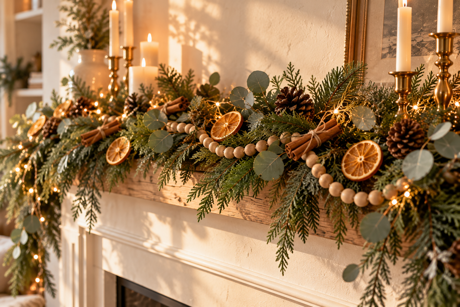 Natural Christmas mantel garland with cedar, eucalyptus, dried orange slices, cinnamon sticks and wooden beads
