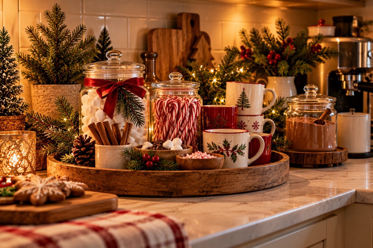Christmas hot cocoa and coffee station with jars of marshmallows and candy canes, festive mugs, a lit garland and cinnamon sticks