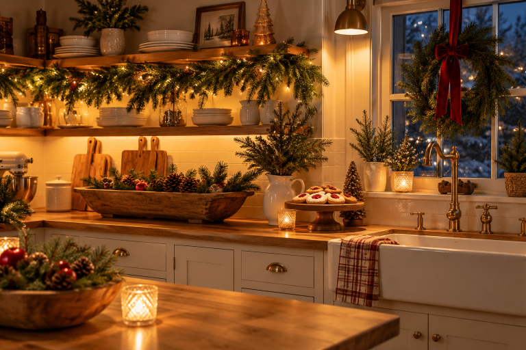 Cozy Christmas kitchen with warm wood open shelves, a lit pine garland, cream cabinets, a wooden bowl of pinecones and a wreath on the window