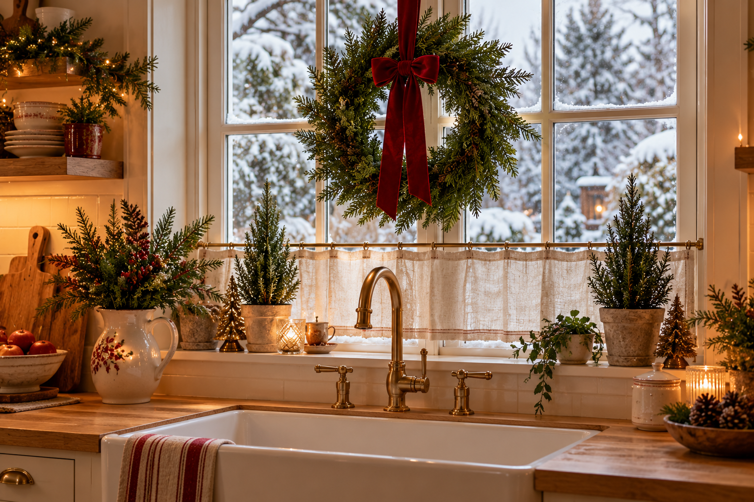 Kitchen sink window with a greenery wreath and red velvet bow, small potted rosemary trees on the windowsill and a linen café curtain