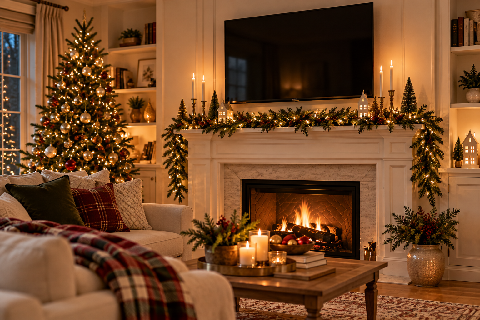 Cozy living room with a TV above a white fireplace decorated with a slim garland, low brass candlesticks and small bottle-brush trees that keep the screen clear
