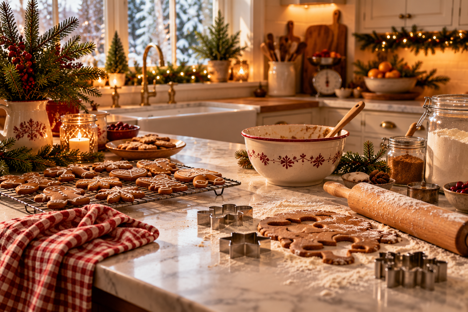 Cozy Christmas baking scene with gingerbread cookies on a cooling rack, a vintage enamel mixing bowl, a rolling pin and a red gingham towel