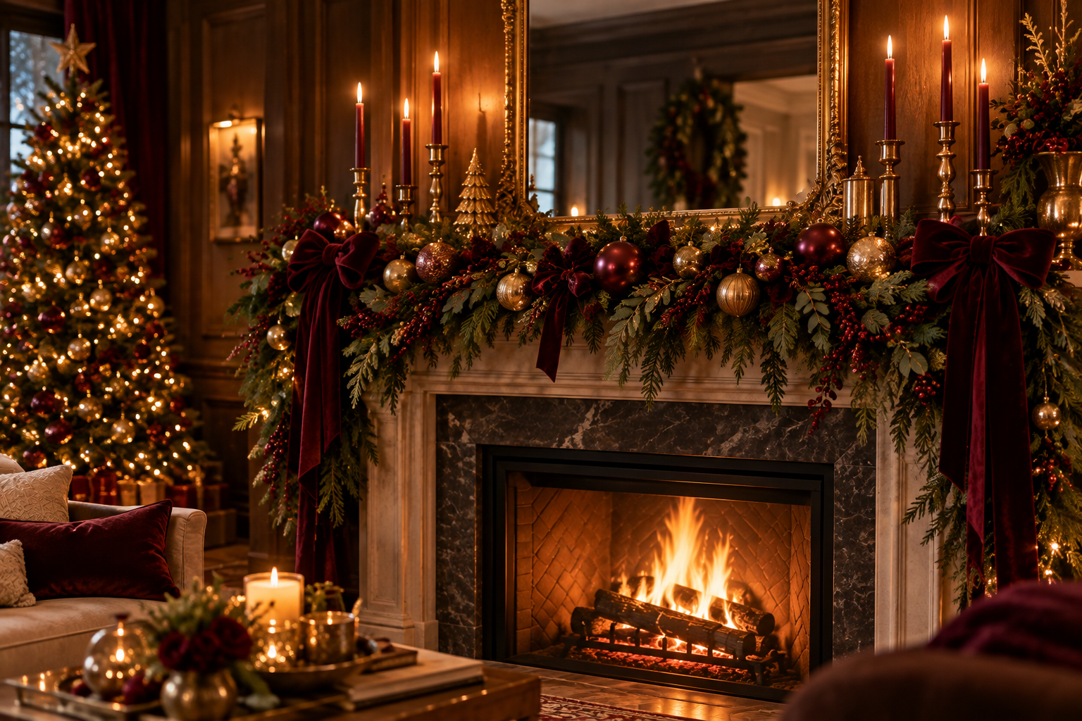 Elegant burgundy and gold Christmas mantel with velvet bows, gold ornaments tucked into the garland and dark red taper candles in tall gold candlesticks