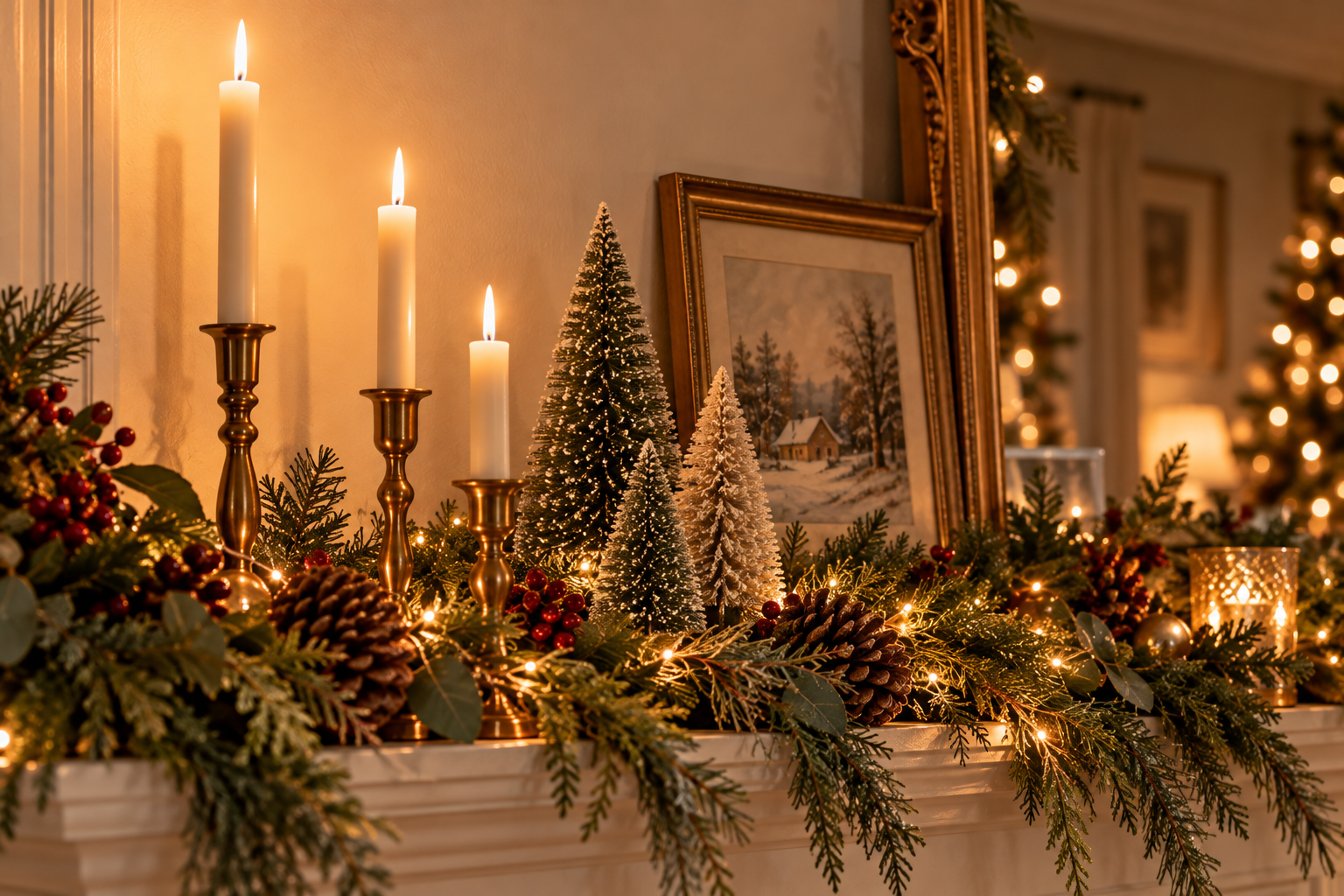 Christmas mantel shelf with brass candlesticks, ivory taper candles and small bottle-brush trees tucked into a pine garland
