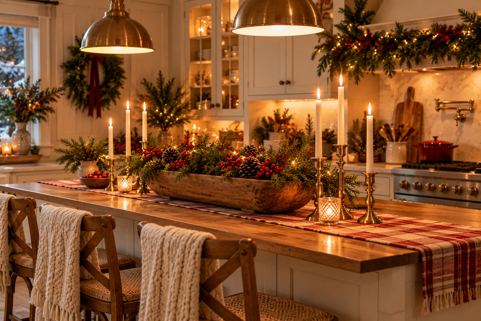 Kitchen island styled for Christmas with a long dough bowl centerpiece of evergreen and berries, brass candlesticks and a plaid runner