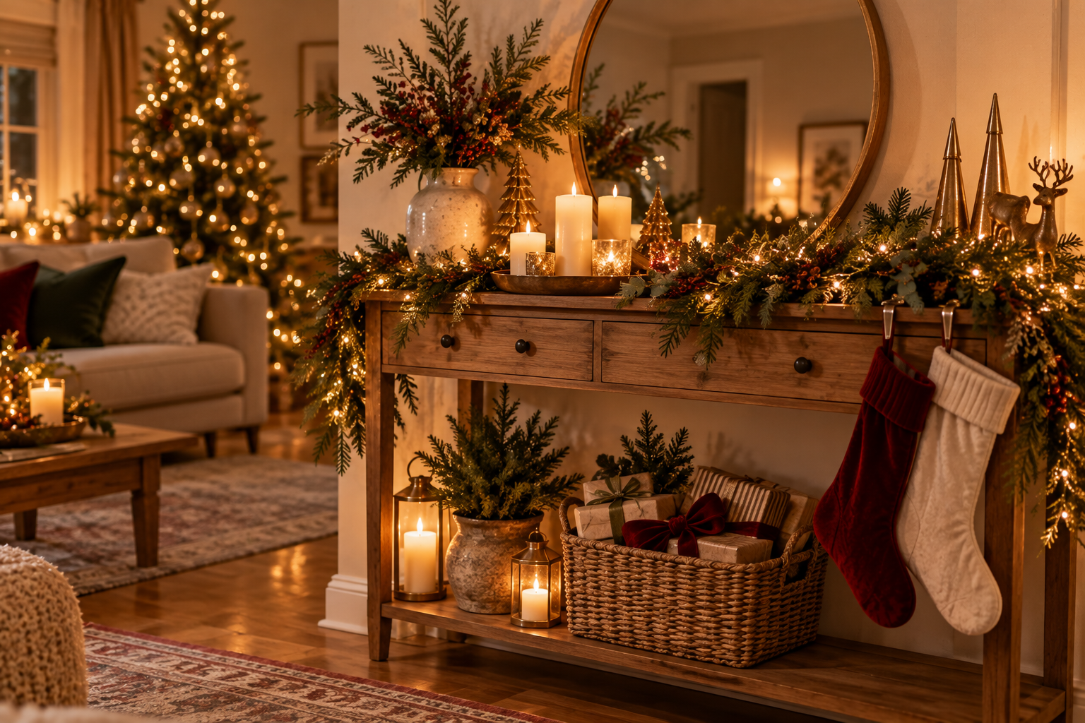 Small apartment living room with a wooden console styled as a Christmas mantel with a pine garland, a large leaning mirror, pillar candles and stockings hung from hooks