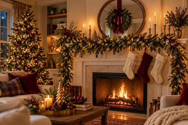 Cozy Christmas fireplace mantel with a pine garland, warm lights, brass candlesticks and knit stockings