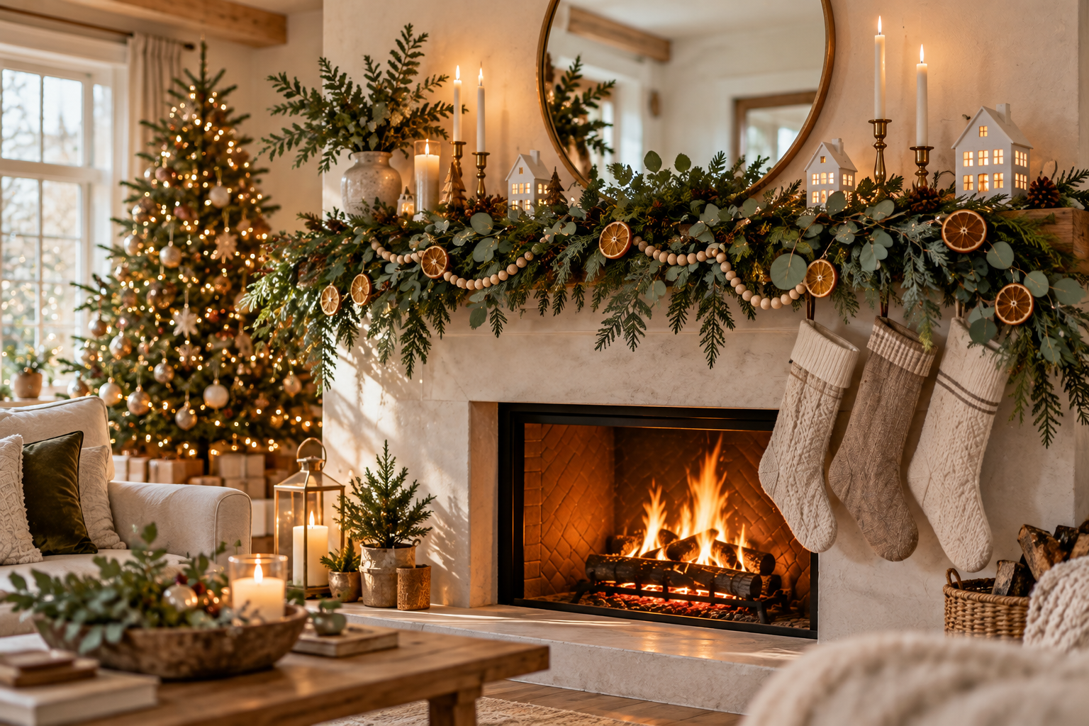 Minimalist Scandinavian Christmas mantel with a loose eucalyptus and cedar garland, dried orange slices, wooden beads, lit ceramic houses and linen stockings