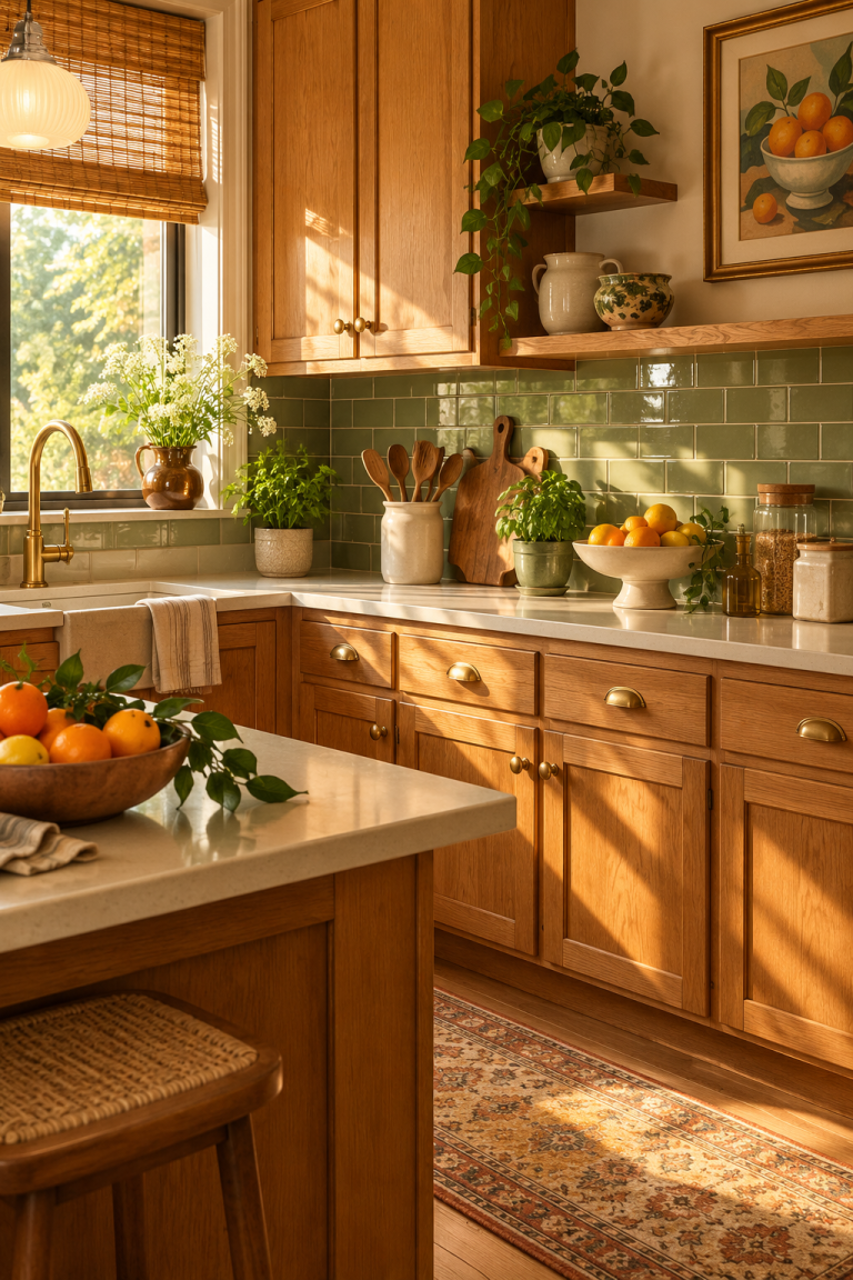 A warm retro kitchen with honey oak cabinets, cream walls and vintage decor